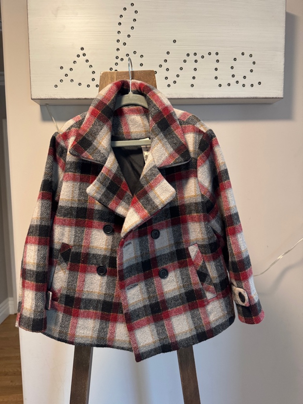 Plaid Double-Breasted Kids Peacoat in Red, Black & Cream
